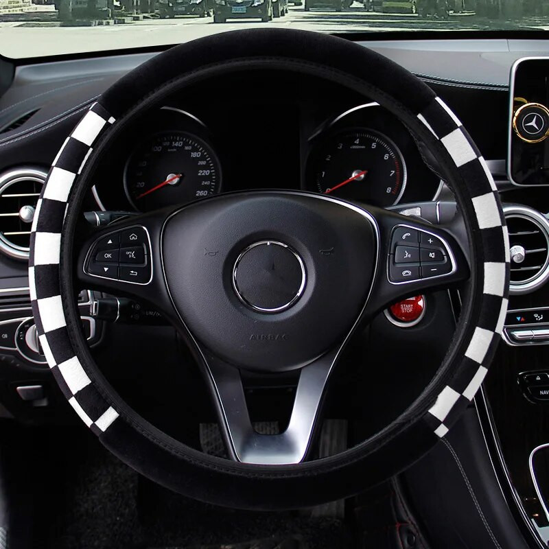 Black White Grid Plush auto rooliratta kate Sport Style soe auto rooliratta kaitse sisekujunduse tarvikud