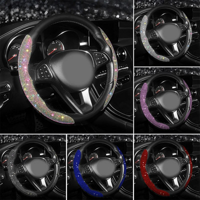 Car Steering Wheel Cover Diamond Protector Set Breathable Anti-Slip Car Accessories Universal Bling For Girls Women