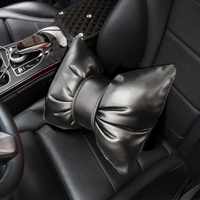 Classic Black PU Leather Car Neck Pillow Bowknot Shape Auto Seat Headrest Waist Support Pillows Car Accessories for Girls Women