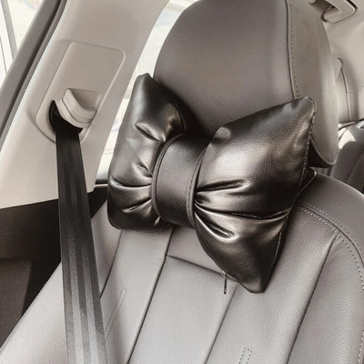 Klasični crni PU kožni automobilski jastuk za vrat Auto sjedalo u obliku mašne Naslon za glavu Jastuci za potporu struka Dodaci za automobil za djevojčice Žene