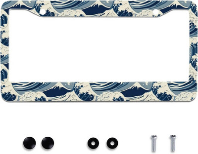 Ocean Waves Pattern License Plate Frames Metal Car Universal Accessories License Plate Cars Decor Screw Caps 12x6 Inch