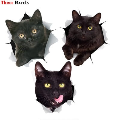 Three Ratels 3D 1094 Black Cat Kitten Stickers Decal For Wall Fridge Toilet Home Decoration