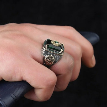 Ретро ръчно изработен турски пръстен с печат за мъже Винтидж сребърен цвят дърворезба с шарка Инкрустация със зелен циркон Парти пънк мотор моторен пръстен