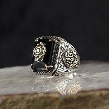 Ретро ръчно изработен турски пръстен с печат за мъже Винтидж сребърен цвят дърворезба с шарка Инкрустация със зелен циркон Парти пънк мотор моторен пръстен