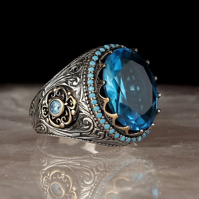 Retro käsitööna valmistatud Türgi märgisõrmus meestele Vintage hõbedase värvi nikerdusmustriga sisekujundus Roheline tsirkoon Party Punk Motor Biker Ring