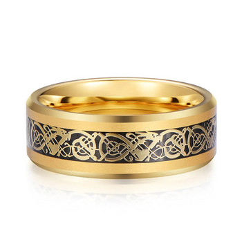 8 мм моден мъжки златен пръстен от неръждаема стомана с келтски дракон, инкрустация с черен пръстен от въглеродни влакна, мъжка брачна лента Размер на бижута 6-13
