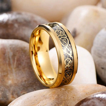 8 мм моден мъжки златен пръстен от неръждаема стомана с келтски дракон, инкрустация с черен пръстен от въглеродни влакна, мъжка брачна лента Размер на бижута 6-13