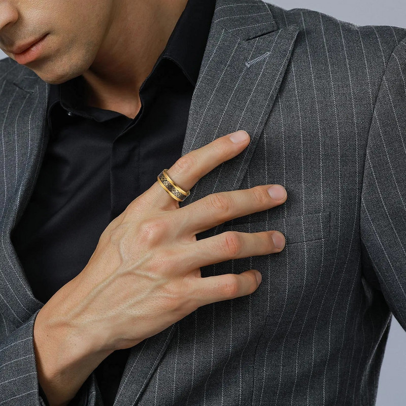 8 mm moodne meeste kullavärvi roostevabast terasest keldi draakoni sõrmus, must süsinikkiust sõrmus meeste pulmapaela ehted, suurus 6-13