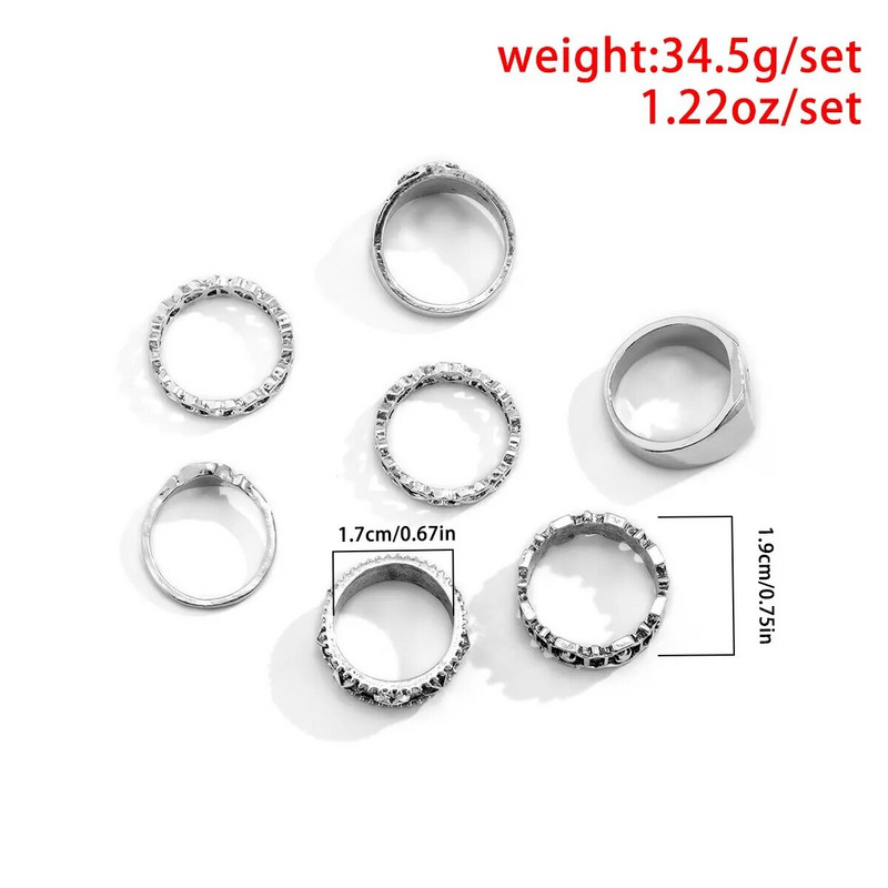 7 tk/komplekt Gothi nikerdatud südamepokker Antiik-hõbedavärvilised sõrmused meestele Vintage geomeetrilised sõrmenuki tänavasõrmuse tarvikud Steampunk