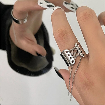 Готически пръстени с пискюли с верига с широк ръб Дамски хип-хоп пънк винтидж регулируем отварящ се пръстен Естетични геометрични готически пръстени