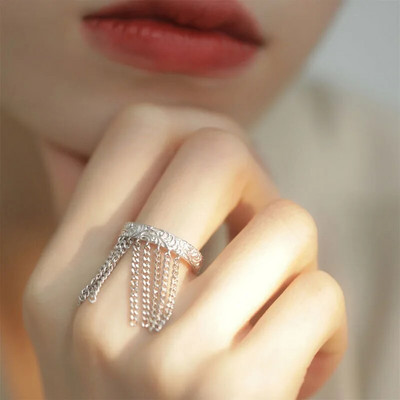 Gotički široki rubni lančani prstenovi s resicama Ženski hip hop punk vintage podesivi prsten na otvaranje Estetski geometrijski goth prstenovi