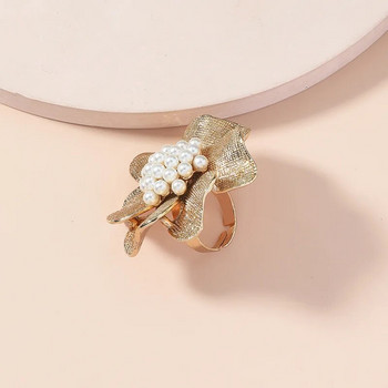 Пръстени с перлени цветя от метална сплав за жени Винтидж златист цвят Голямо цвете Отворено регулируемо пръстеновидно пръстен Бижута Anillos