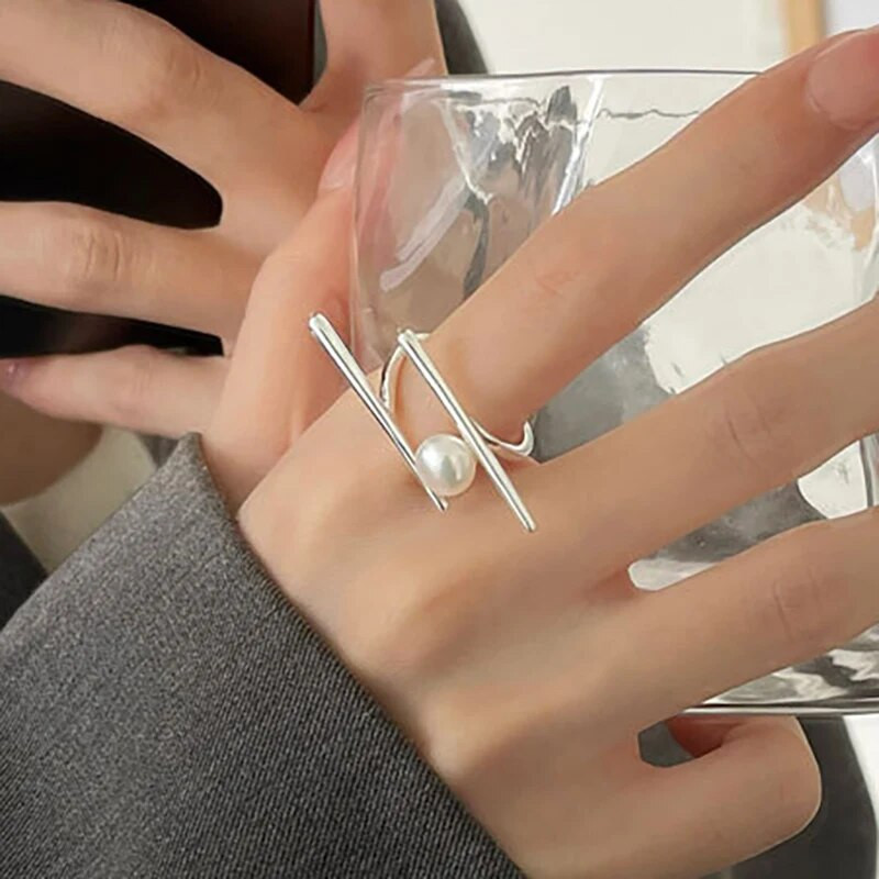 Foxanry Novo modno srebrno biserno prstenje za parove, kreativni, jednostavni geometrijski, ručno izrađeni nakit, darovi za rođendanske zabave