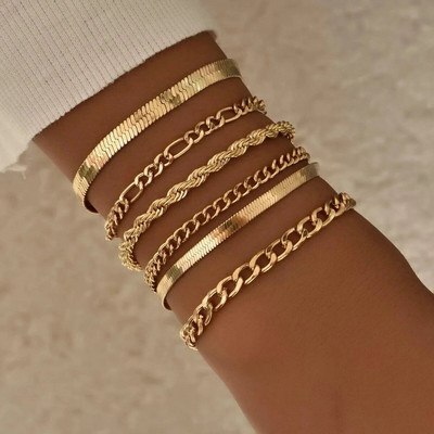 Set de 6 bucăți/set de brățări cu zale cu lanț groase de modă pentru femei, de culoare aurie, de culoare argintie, cu lanț de șarpe din metal, brățară răsucită, bijuterii punk
