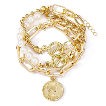 Boho Fashion Βραχιόλια για Γυναικεία Νέο Vintage Geometric Pearl Human Head Coin μενταγιόν Χρυσό χρώμα Κοσμήματα Δώρο για Γυναίκα B029