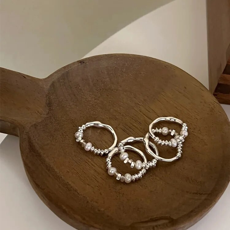 Természetes édesvízi gyöngy fényes törött ezüst gyűrű, egyszerű divat a női ujjakhoz