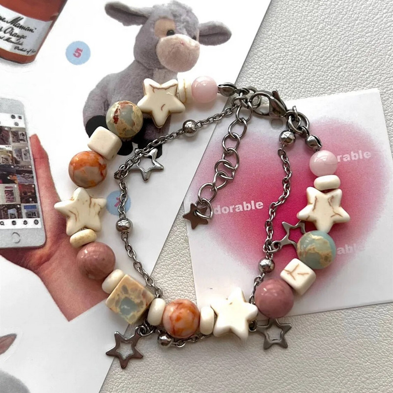 Uus käsitsi valmistatud kreemjas värvisobiv kahekihiline staarkäevõru disain tüdrukutele looduslikust kivist helmestega käevõru peomehe kingitus