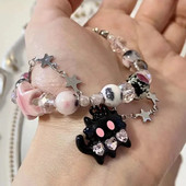 Uus musta kassisüdame kivist Pentagrammi tähthelmestega käevõru naistele esteetiline magus ja lahe trendikas ehe Korea moekingitus