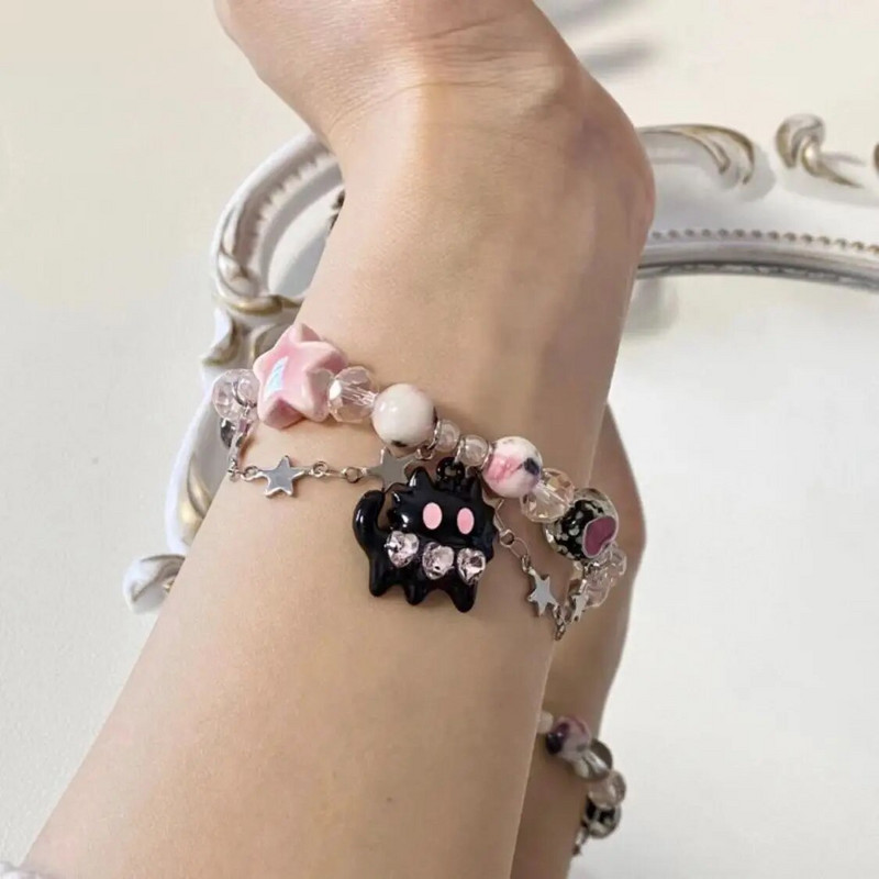 Uus musta kassisüdame kivist Pentagrammi tähthelmestega käevõru naistele esteetiline magus ja lahe trendikas ehe Korea moekingitus