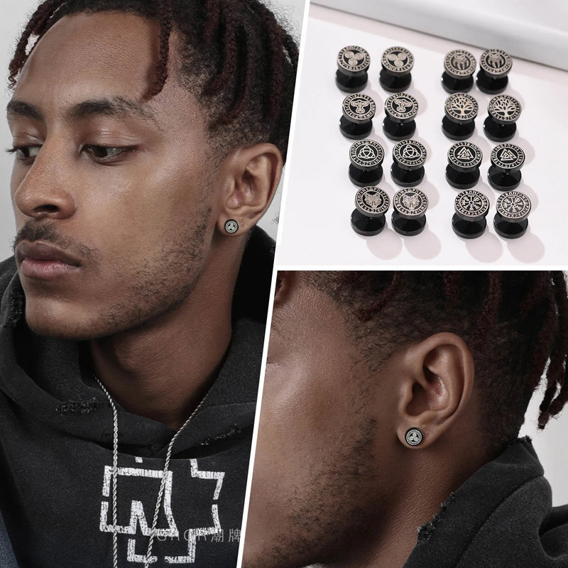 Vnox Mens Viking Black Stud kõrvarõngad, Vegvisir ja Norse Valknut, Cool Punk roostevabast terasest Nore Vikingi komplekt meestele kõrvarõngad