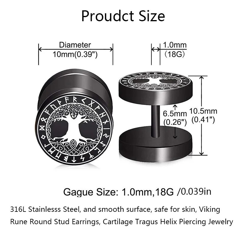 1 pora 18G Viking Rune apvalūs auskarai vyrams, Moterys, 316L nerūdijančio plieno kremzlės Tragus Helix auskarai auskarų vėrimas papuošalai