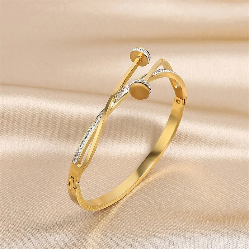 Luksuslik ainulaadne topeltkristallküünte peaga roostevabast terasest käevõru naisele armastuse pulmakingitus käevõru ehted