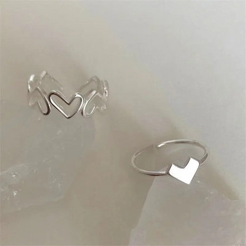 Минималистичен комплект пръстени във формата на сърце от 2 бр. корейски кух анел за жени, сребърен цвят, регулируем отворен пръст, опашка, бижута Anillo