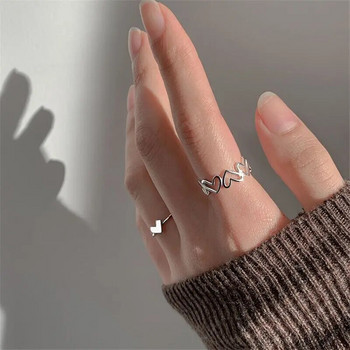 Минималистичен комплект пръстени във формата на сърце от 2 бр. корейски кух анел за жени, сребърен цвят, регулируем отворен пръст, опашка, бижута Anillo