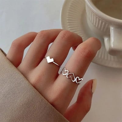Μινιμαλιστικό Σετ δαχτυλιδιού 2 τμχ σε σχήμα καρδιάς Κορεάτικο Hollow Anel για γυναίκες Ασημί ρυθμιζόμενο χρώμα Ανοιχτή ουρά κοσμήματα Anillo
