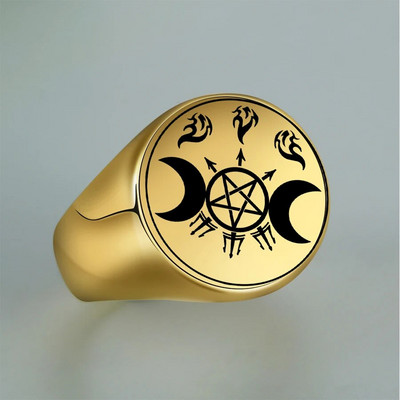 Dreamtimes Triple Moon Goddess Wicca Witchcraft Пръстени за мъже Demon Seal Fire Trident Пънк бижута от неръждаема стомана 19MM пръстен