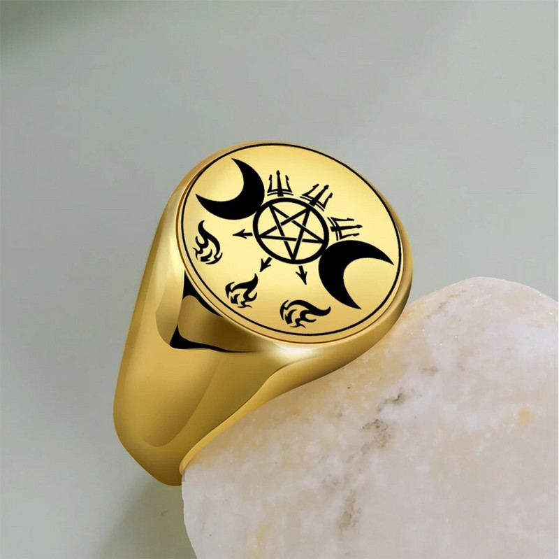 Δαχτυλίδι Witchcraft της Dreamtimes Triple Moon Goddess Wicca για άντρες Demon Seal Fire Trident από ανοξείδωτο ατσάλι Punk Jewelry 19mm Δαχτυλίδι