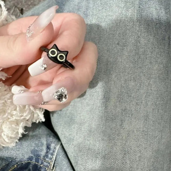 Пръстен с черна котка в корейски стил Дамски забавен пръстен с карикатура на заек Двойка Регулируем отварящ се пръстен Модни бижута