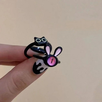 Κοσμήματα μόδας με δαχτυλίδι σε κορεατικό στυλ μαύρης γάτας Αστείο κουνέλι με δαχτυλίδι κινουμένων σχεδίων Ζευγάρι με ρυθμιζόμενο ανοιγόμενο δαχτυλίδι μόδας