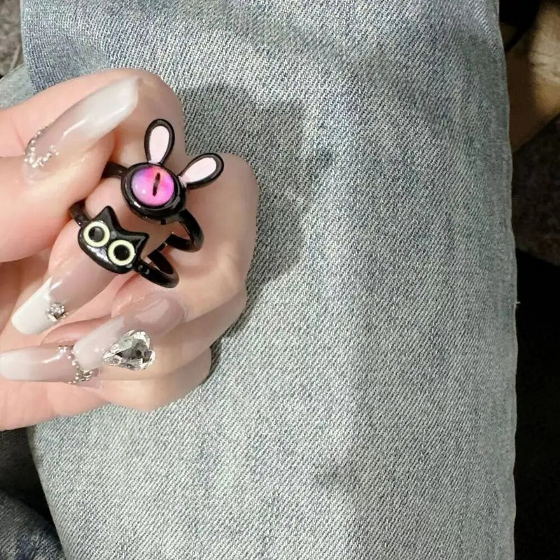 Koreai stílusú fekete macska gyűrű női vicces nyúl rajzfilm gyűrű pár állítható nyitó gyűrű divat ékszerek