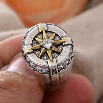 Винтидж дизайн на компас блестяща кристална звезда тайландски сребърен мъжки пънк пръстен бижута ръчни аксесоари подаръци