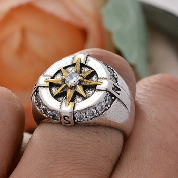 Vintage σχέδιο πυξίδας Γυαλιστερό κρυστάλλινο αστέρι Thai Silver ανδρικό δαχτυλίδι πανκ κοσμήματα αξεσουάρ χεριών Δώρα