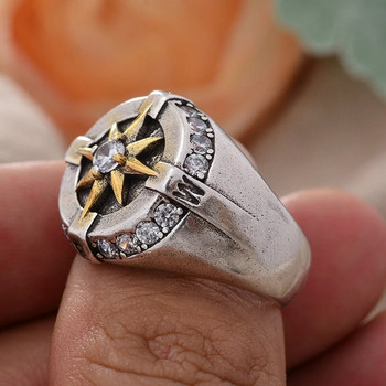 Винтидж дизайн на компас блестяща кристална звезда тайландски сребърен мъжки пънк пръстен бижута ръчни аксесоари подаръци
