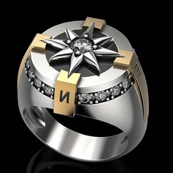 Класически мъжки сребърен пръстен с кръст от неръждаема стомана, двуцветен компас, пънк рок мотоциклетни велосипедистки пръстени за мъже Бохо бижута