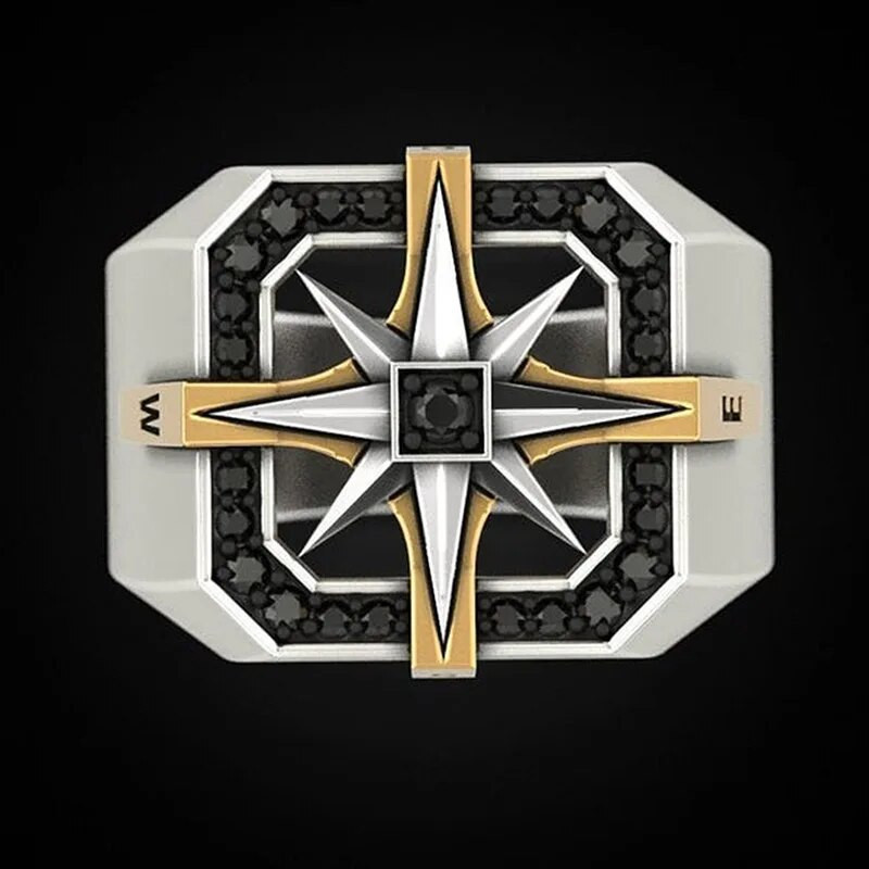 Retro vikinški nautički kompas prsten s pečatom, muški zlatni dvobojni prstenovi od nehrđajućeg čelika, modni vintage nakit za muškarce