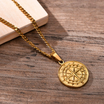 Ανδρικά κολιέ πυξίδας σε χρυσό χρώμα, vintage μετάλλιο άγκυρας βόρειου αστεριού Viking, μενταγιόν από ανοξείδωτο ατσάλι για δώρο για τον μπαμπά του φίλου