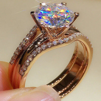 Huitan Уникални пръстени с цвят на розово злато за жени Класически пръстени с кубичен цирконий с 6 нокти Сватбени годежни ленти Горещи бижута