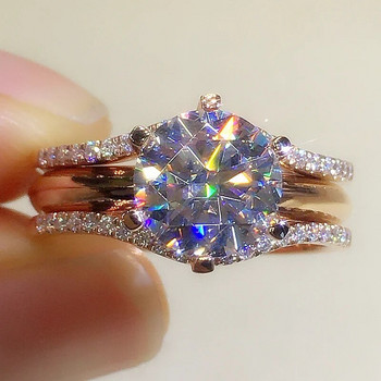 Huitan Уникални пръстени с цвят на розово злато за жени Класически пръстени с кубичен цирконий с 6 нокти Сватбени годежни ленти Горещи бижута