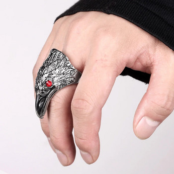 Δαχτυλίδια ανδρών από ανοξείδωτο ατσάλι Rock Punk Hip Hop Crow Bird Head Red Rhinestone Προσωπικότητα για Δώρο κοσμήματα μόδας για άνδρες