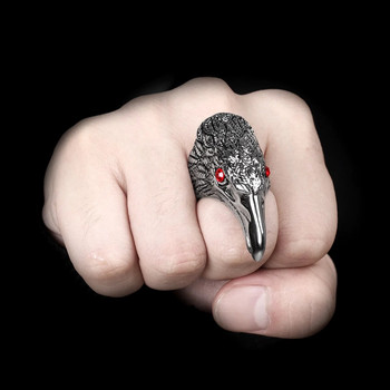 Δαχτυλίδια ανδρών από ανοξείδωτο ατσάλι Rock Punk Hip Hop Crow Bird Head Red Rhinestone Προσωπικότητα για Δώρο κοσμήματα μόδας για άνδρες