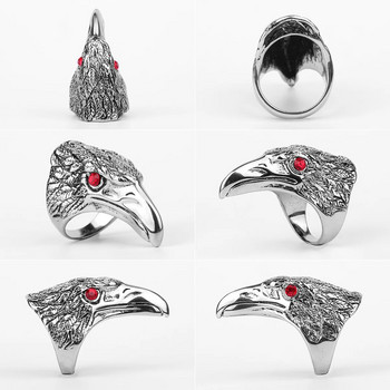 Мъжки мъжки пръстени от неръждаема стомана, рок, пънк, хип-хоп, врана, птича глава, червен кристал, личност за мъжко момче, модни бижута, подарък