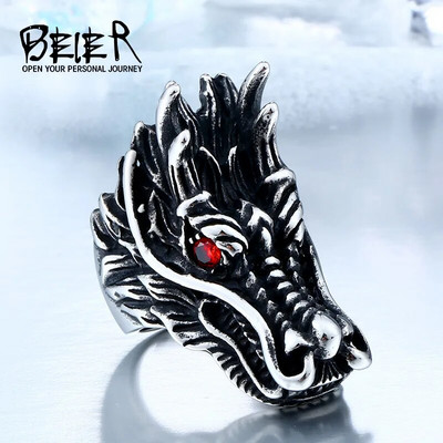 BEIER 316L пръстен с глава на дракон от неръждаема стомана с пръстен с черни червени очи Бикерска рок личност Бижута с животни