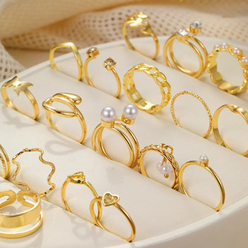 22 σετ γυναικείων κοσμημάτων Ευρωπαϊκών και Αμερικάνικων Νέα Δημιουργική Απλή ιδιοσυγκρασία Σπιράλ Δαχτυλίδι αγάπης με ψεύτικο μαργαριτάρι σε χρυσό χρώμα