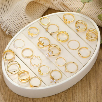 22 комплекта дамски бижута Европейски и американски нов креативен прост темпераментен спирала с фалшива перла Любовен пръстен златен цвят