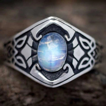 Νέο Vintage ασημί μοτίβο σκαλίσματος Nordic Celtic Rings Imitation Moonstone Ring For Women Retro Fashion Party Jewelry