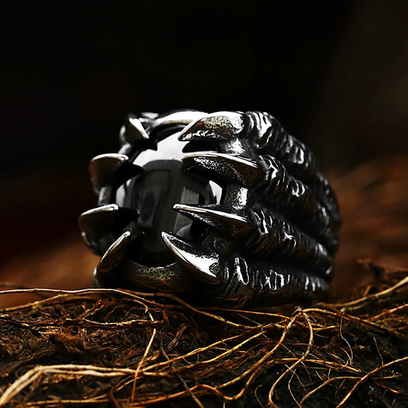 Vintage Dragon Claw sarkans/melns akmens nerūsējošā tērauda gredzens vīriešiem sievietēm pankroka dabīgā akmens gredzeni rotaslietu dāvanu vairumtirdzniecība